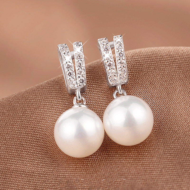 Elegant and simple 925 silver-plated white pearl Zirconia stud earrings Women's bridal engagement wedding exquisite jewelry gift