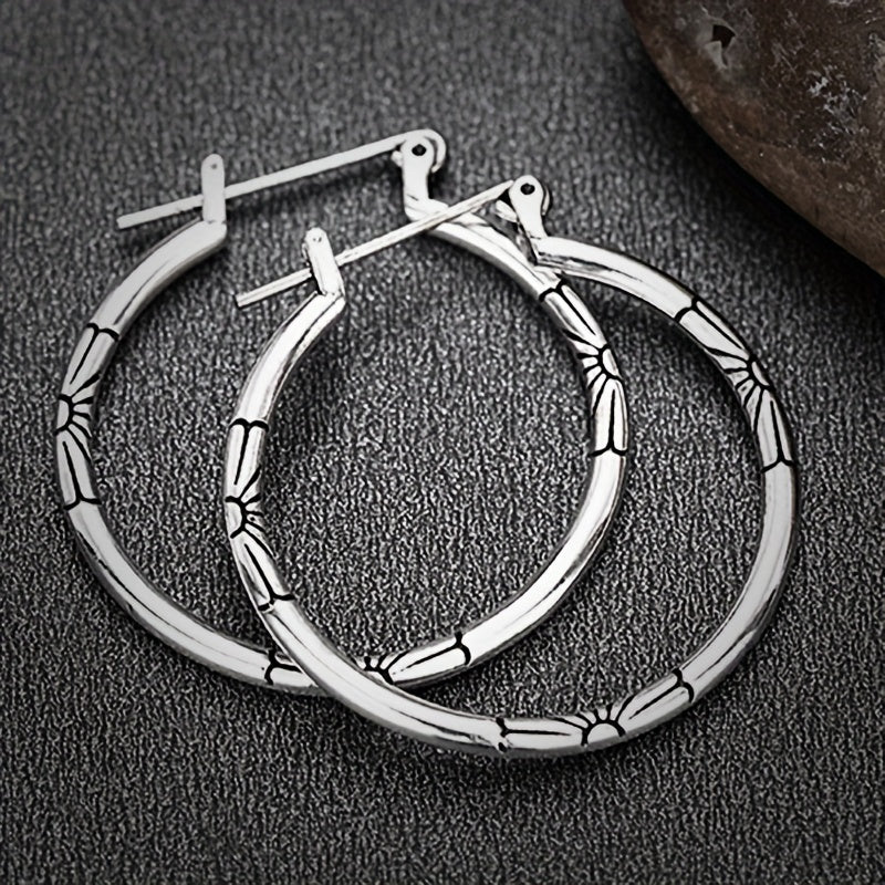 Large Hollow Round Hoop Earrings with Delicate Carved Flower Design Vintage Ethical Style Copper Jewelry Women's Earrings