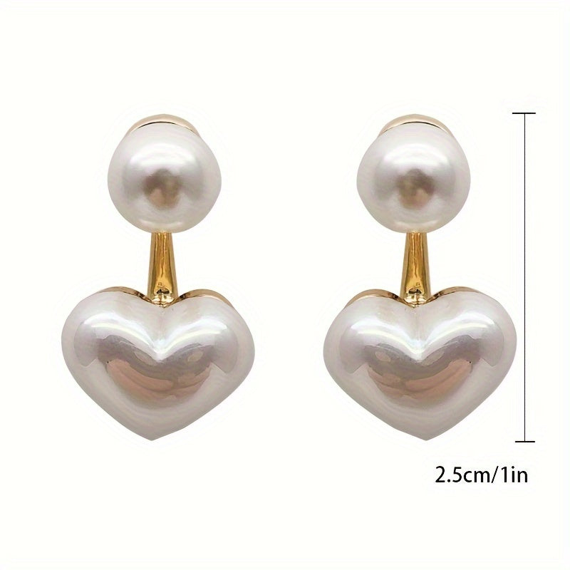 1 pair of classic heart-shaped imitation pearl stud earrings, anti-allergic platinum-plated alloy with acrylic inlay