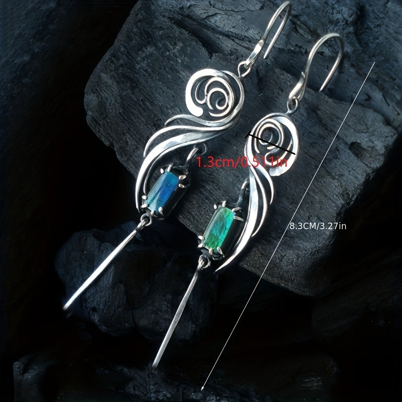 Silver stud earrings, blue-green square artificial diamonds, hollow metal design, zinc alloy, copper ear needles, glass setting, nickel ion, daily wear