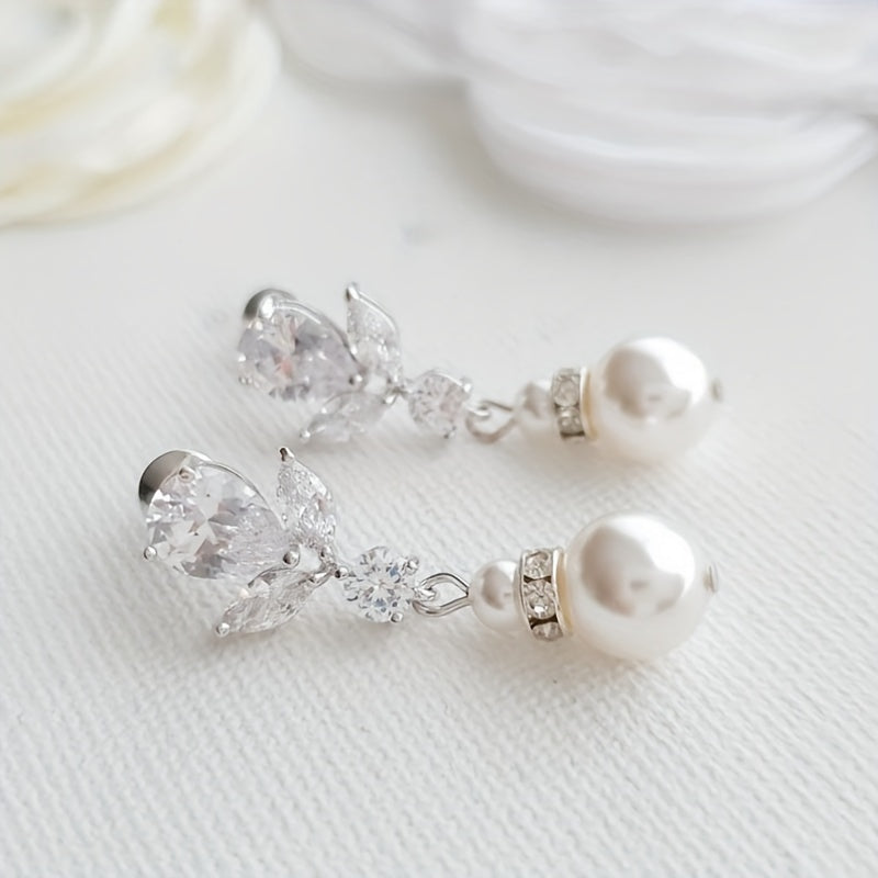 Imitation pearl pendant, shiny zircon inlaid earrings, elegant simple style, exquisite wedding earrings.
