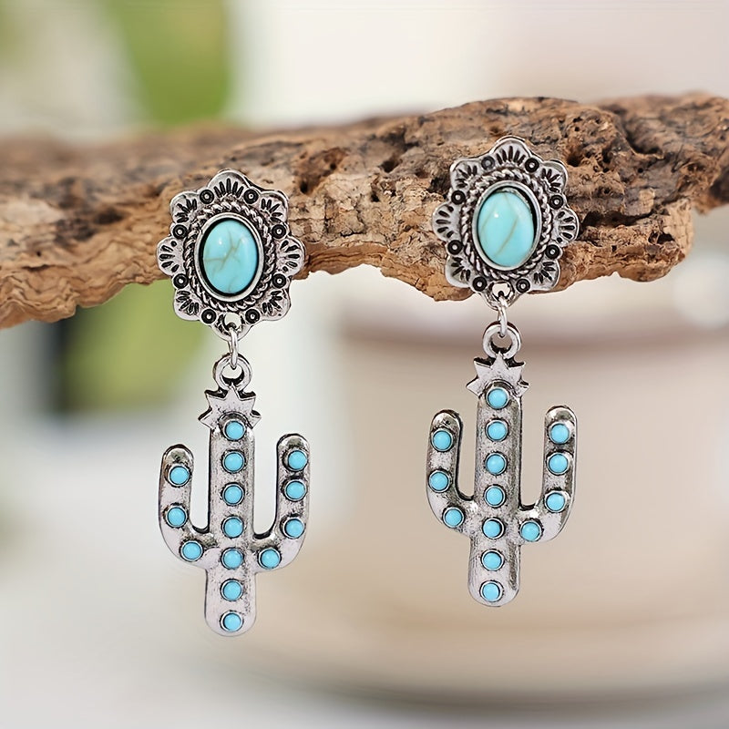 Ladies Fancy Cactus Design Antique Copper Turquoise Earrings Western Exaggerated Pendant Earrings