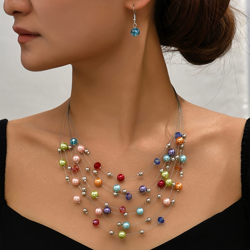 Fashion simple and versatile imitation pearl crystal color multi-layer necklace Women's suit