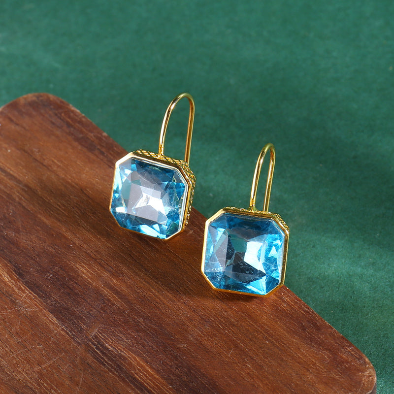 Elegant and luxurious 14K gold-plated zinc alloy square pendant earrings with synthetic sky blue Zirconia, Women's fashion jewelry