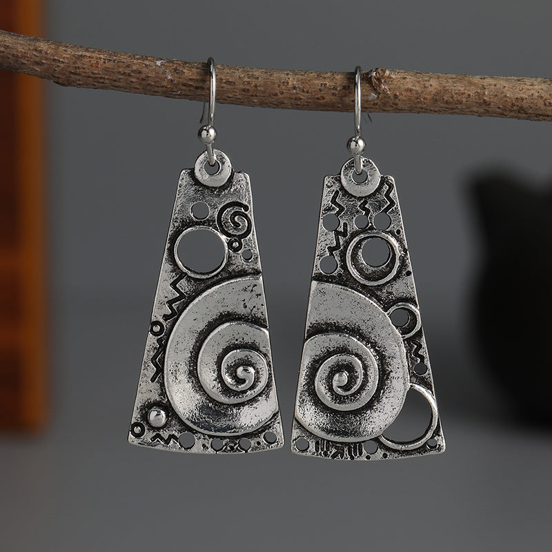 Silver Vintage Geometric Engraved Spiral Pattern Pendant Earrings Elegant Ethnic Style Silver Plated Jewelry Exquisite Women's Gifts