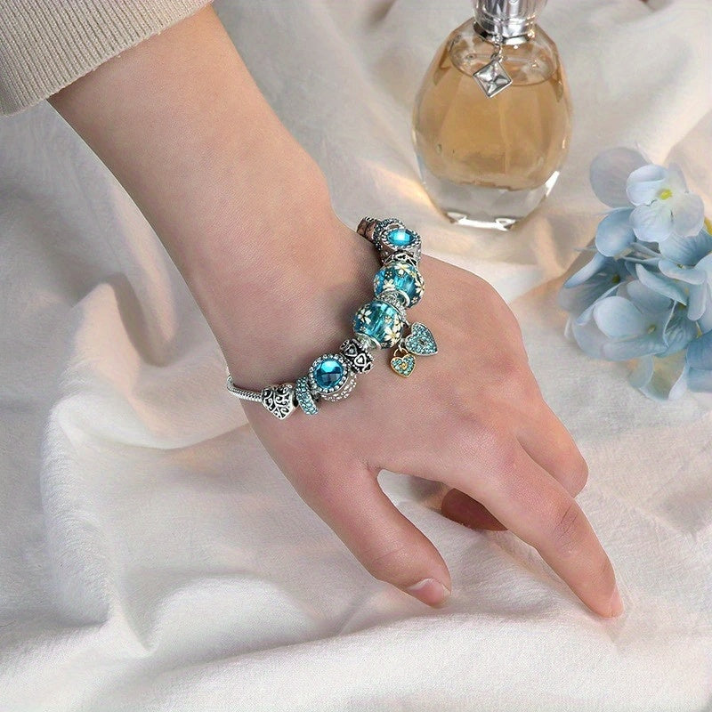 1 piece silver love blue bead bracelet DIY pendant bracelet Valentine's Day jewelry gift, suitable for pretend play, perfect for winter and New Year