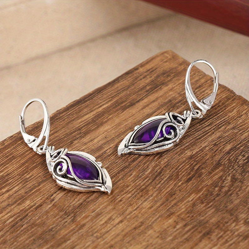 Classic Bohemian 925 Silver Plated Purple Synthetic Gemstone Drop Earrings, Zinc Alloy with Copper Ears, Pendant Fashion Jewelry for Everyday and Special Occasions, Christmas Gift Ideas
