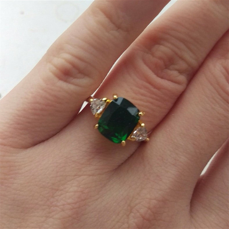 Retro Luxury 14K Gold Plated Alloy, Engagement Ring, Square Cut Emerald Zircon for Women - Perfect for Everyday Wear, Gift Giving and Christmas Holidays
