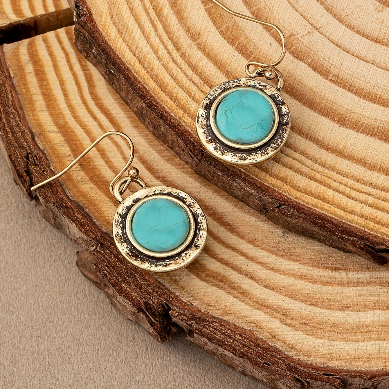 Vintage round turquoise inlaid pendant earrings retro simple style zinc alloy jewelry daily leisure