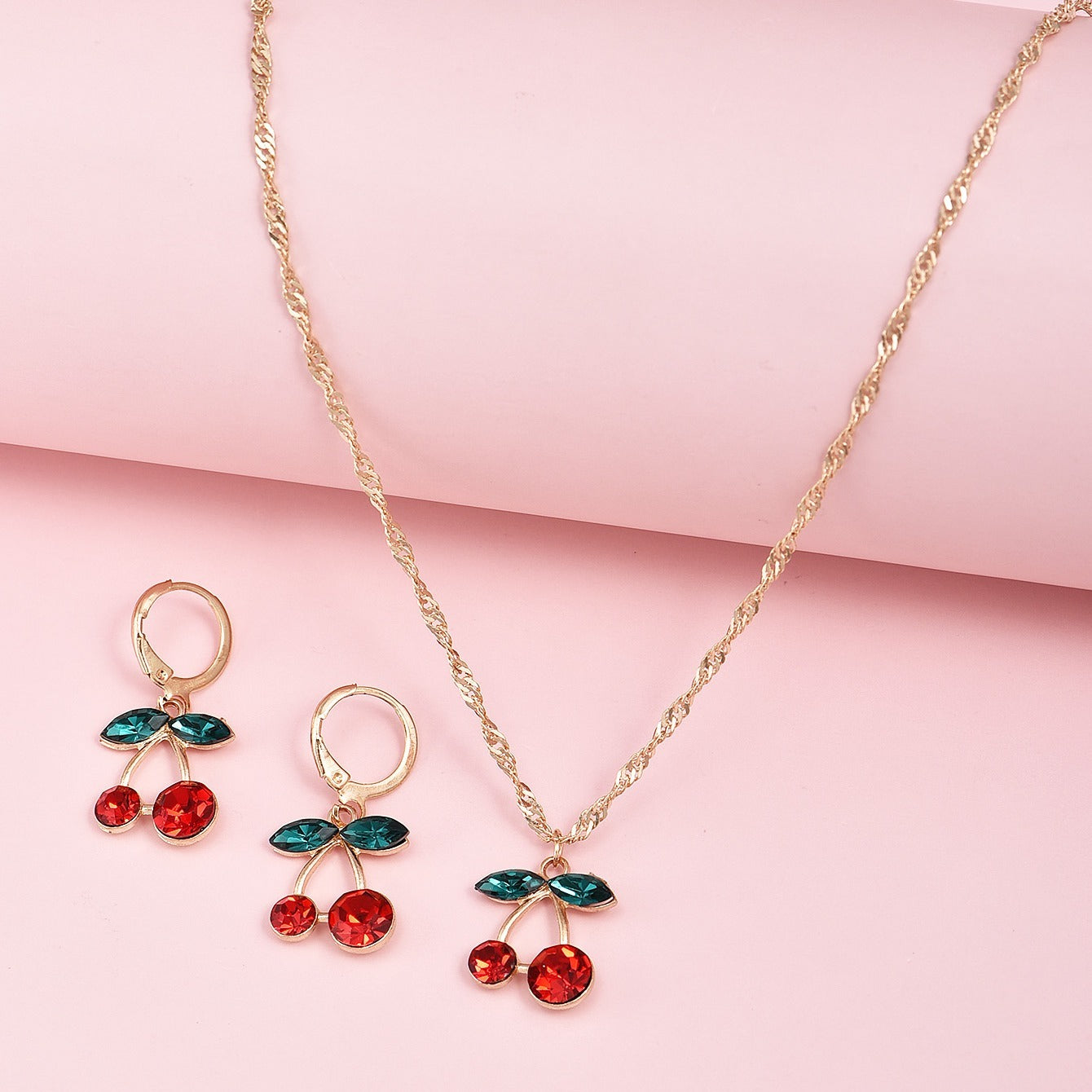 Sweet Cherry Crystal Pendant Necklace and Earrings Set Delicate Fruit Gold Chain Jewelry Set Gift