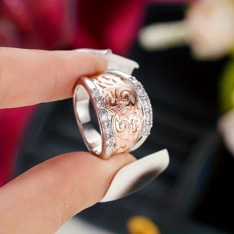 Elegant broadband rings, delicate floral engravings and sparkling square crystal Zirconia accents - retro ethnic style for Casual Attire and special occasions