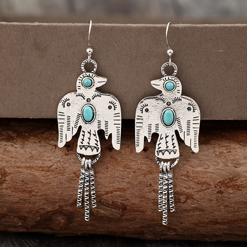 A pair of vintage eagle azure gemstone with ethnic engraving pattern fringed fashion stud earrings, alloy and synthetic crystal, iron stud earrings, silver tone