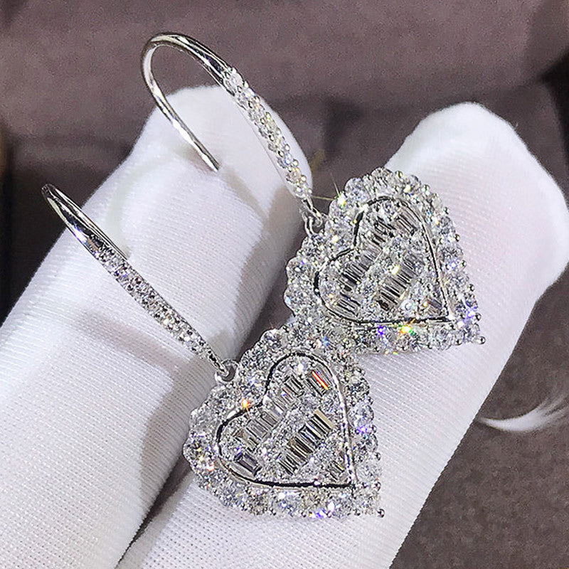Heart-shaped hook earrings with sparkling zircon, elegant copper, exquisite jewelry gifts.