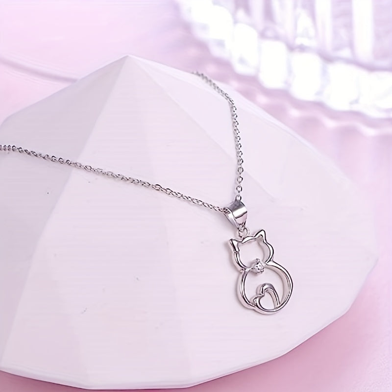 Cute kitten holding round Zirconia pendant necklace, stylish with a loving tail design, girl animal necklace, birthday gift, party and casual wear accessories