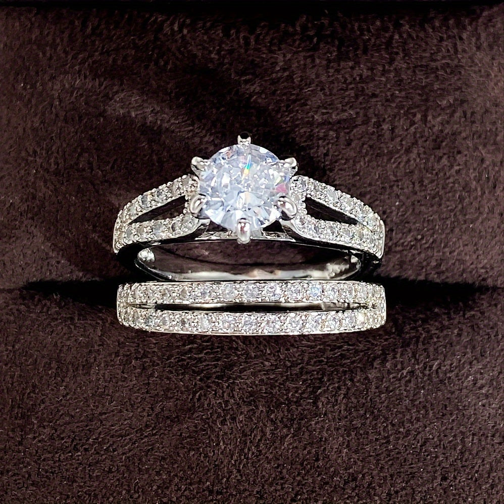 Ladies' wedding rings 2 pieces/set, silver 6-claw inlaid 2 pieces CZ side micro-inlaid engagement ring (no box)