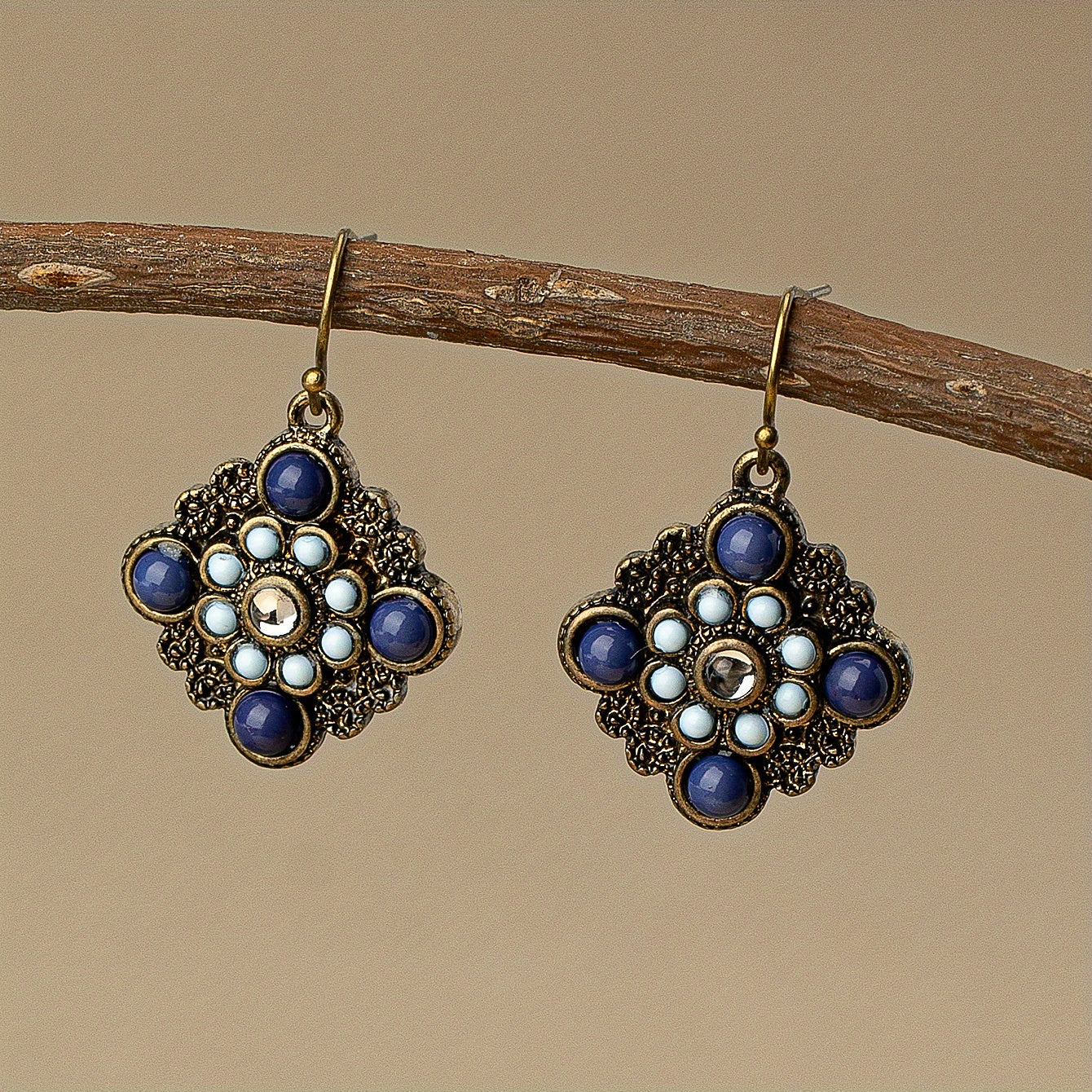 Blue patterned square pendant earrings