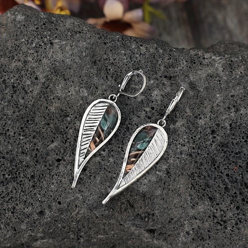 Antique Leaf Design Pendant Earrings, Bohemian Resort Style, Silver Plated Jewelry, Tourist Souvenirs