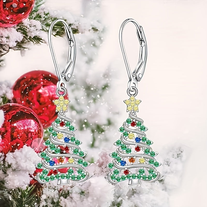 Festive, elegant Christmas tree pendant earrings set with shiny cubic zirconia - nickel-free copper for everyday wear and parties