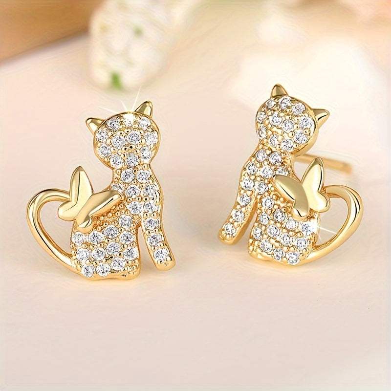 Women's Fashion Cat Earrings - Shiny Cubic Zirconia, Nickel Copper Free, Suitable for Daily Wear and Parties