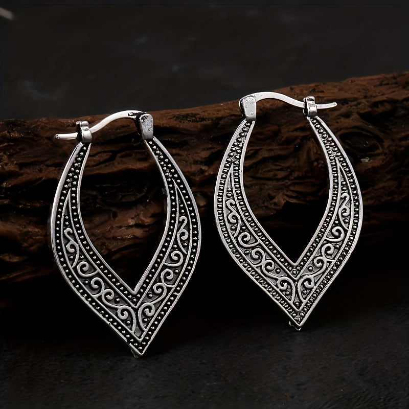 Bohemian Retro Square Engraved Earrings - Silver Galvanized Alloy, Ladies Fashion Hook Design