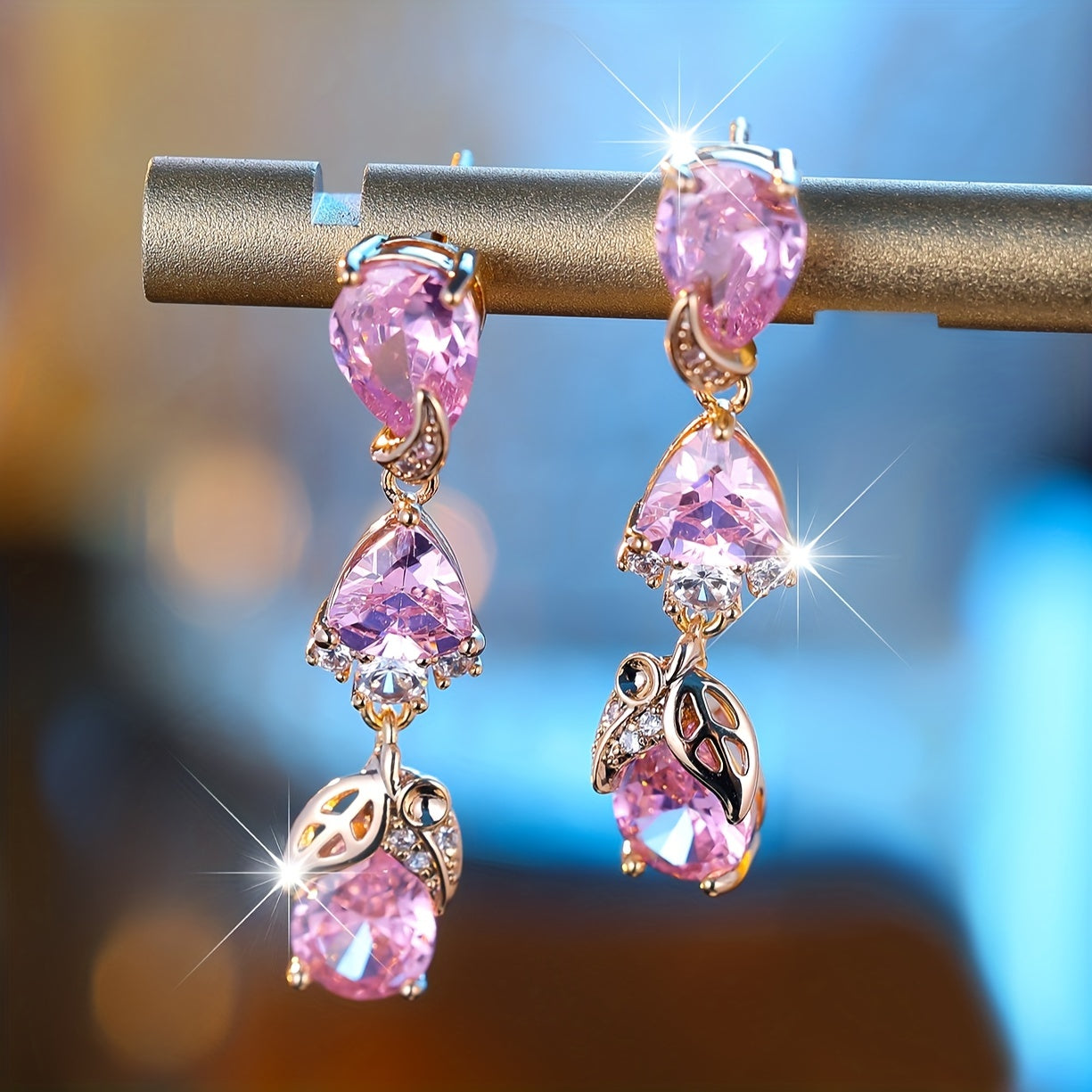 Pink sparkling Zirconia long fringed earrings, elegant luxury style, copper jewelry banquet wedding accessories