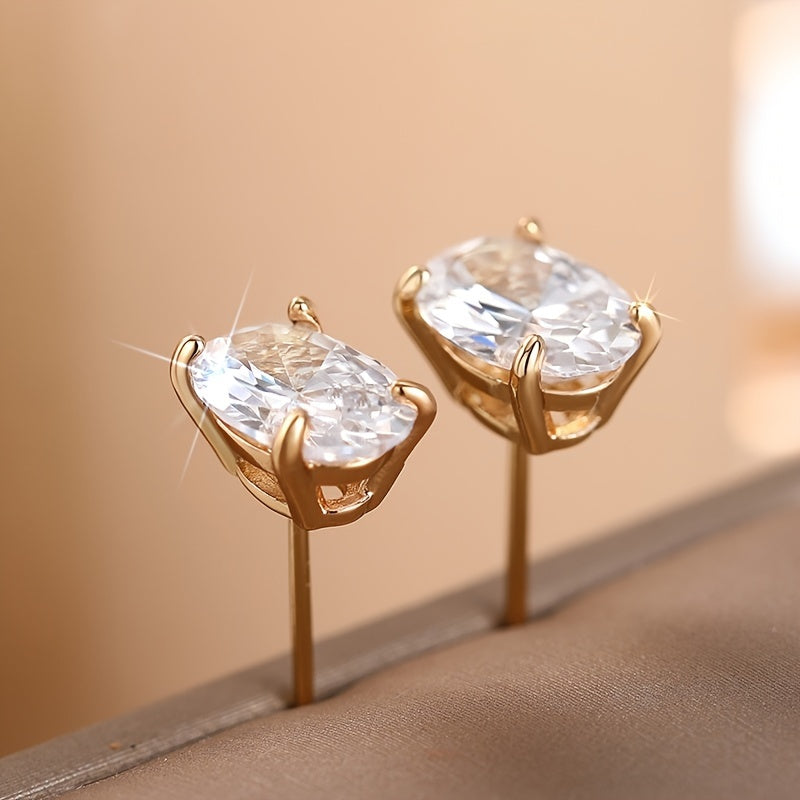Ladies Elegant Oval Zirconia Stud Earrings - Nickel Free Copper, Perfect for Casual Attire and Parties