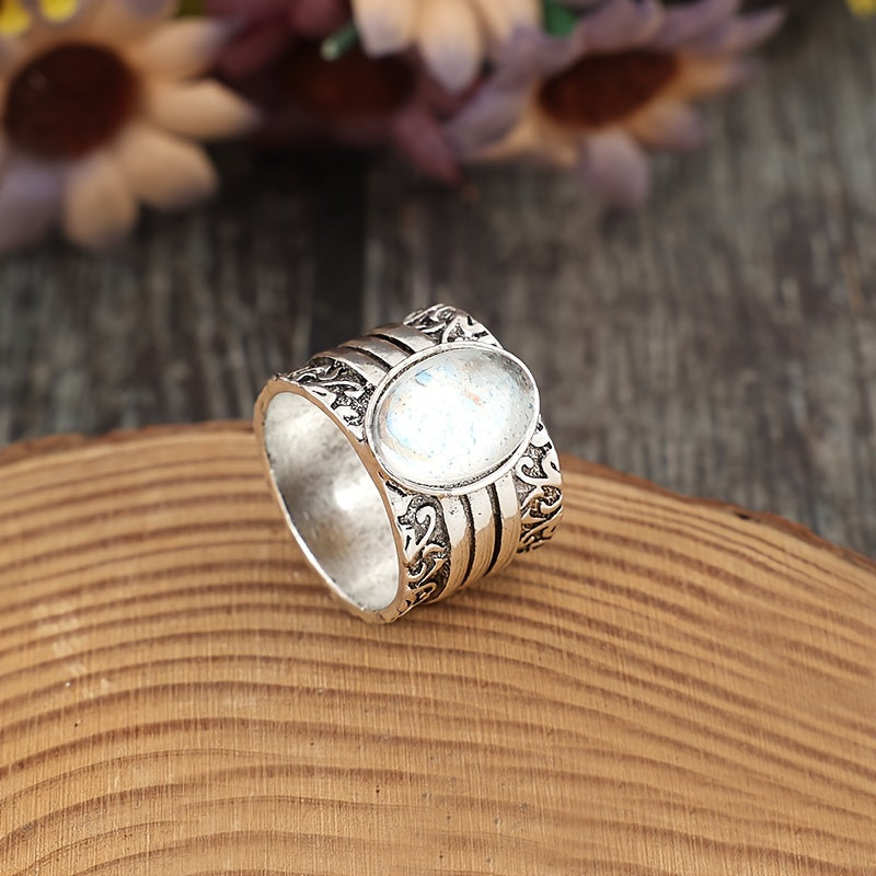 Ethnic style hand-carved pattern inlaid with synthetic gemstone alloy ring