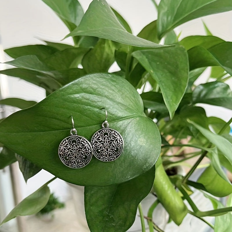 Bohemian Retro Silver Plated Floral Pendant Earrings - Alloy, Iron Stud Earrings for Casual Wear