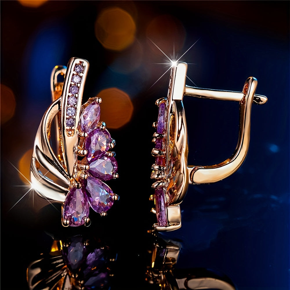 Elegant Purple Cubic Zirconia Drop Earrings - Gold Toned, Stackable Bohemian Ladies Pendant Jewelry | Perfect for Weddings and Valentine's Day