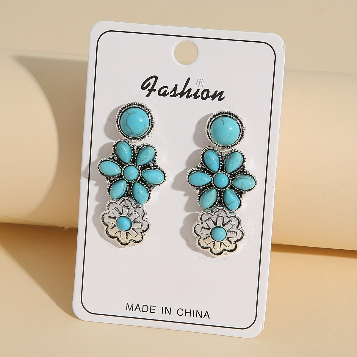 Three pairs of Western retro turquoise stud earrings silver plated earrings jewelry