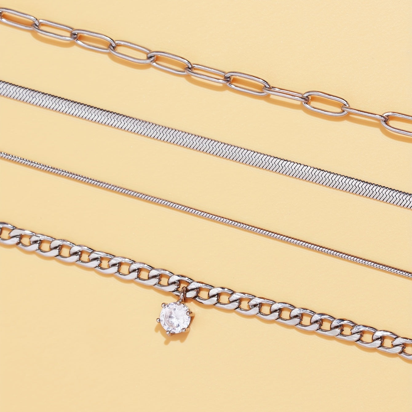 4 pieces European and American fashion stainless steel chain zircon pendant layered necklace set neutral style accessories