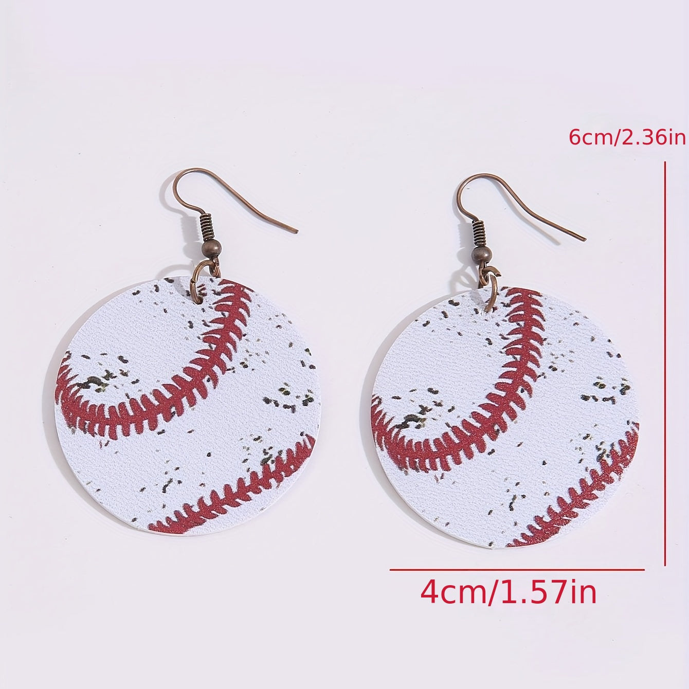 Vintage imitation old baseball basketball football volleyball printed PU leather earrings, cute retro style, iron pillar, four seasons daily wear accessories, sports design, red stitching and white PU leather texture