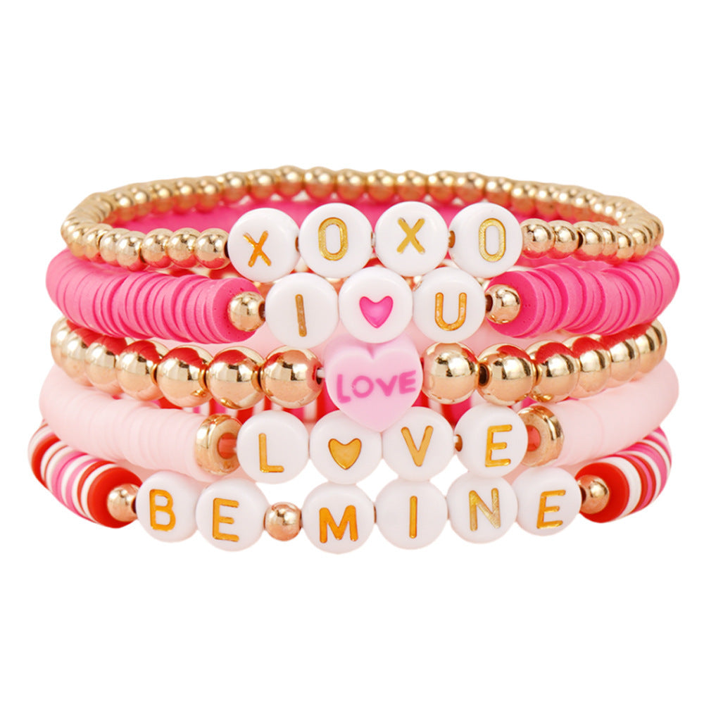 5-Piece Valentine's Day Soft Clay Bracelet with Love Pink Heart Letters and Beads for Holiday Gifts