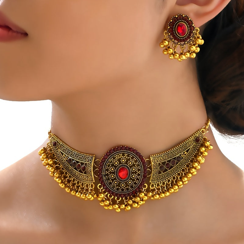Bollywood Style 1 Pair Of Earrings + 1 Choker Vintage Jewelry Set Tribal Design 14k Gold Plated Inlaid Rhinestone Red Or Blue Make Your Call Match Daily Outfits