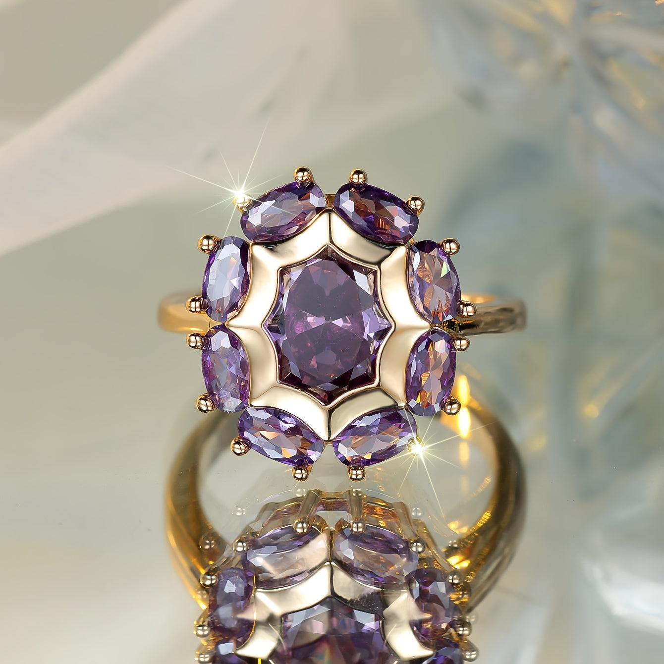 Classic Bohemian Engagement Ring - Elegant Champagne Round Purple Cubic Zirconia, Copper, Unplated, Perfect for Weddings and Parties