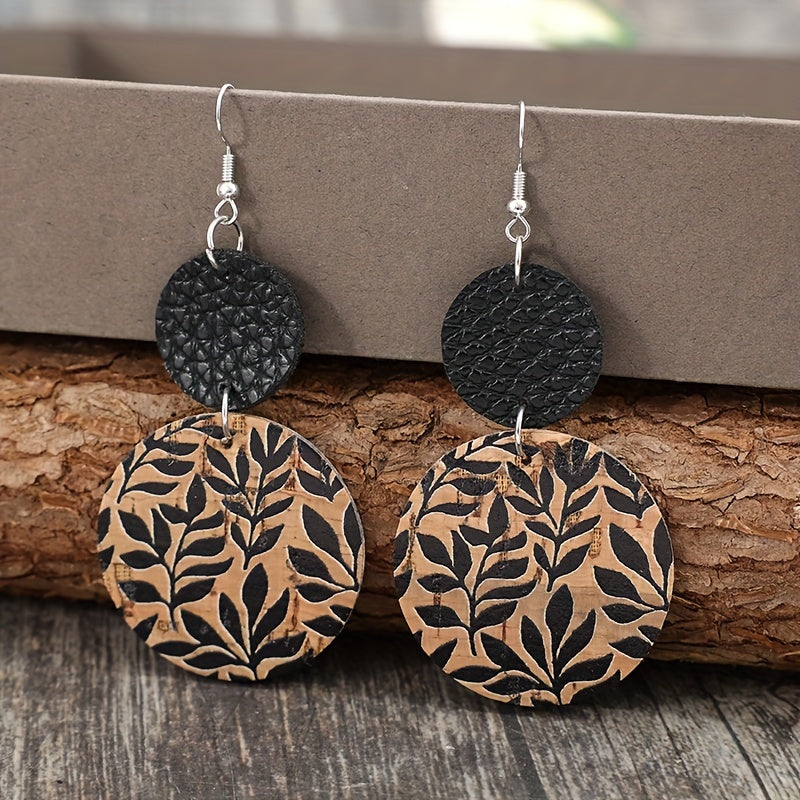Cross-border new retro brown disc printing black leaf splicing black PU leather earrings