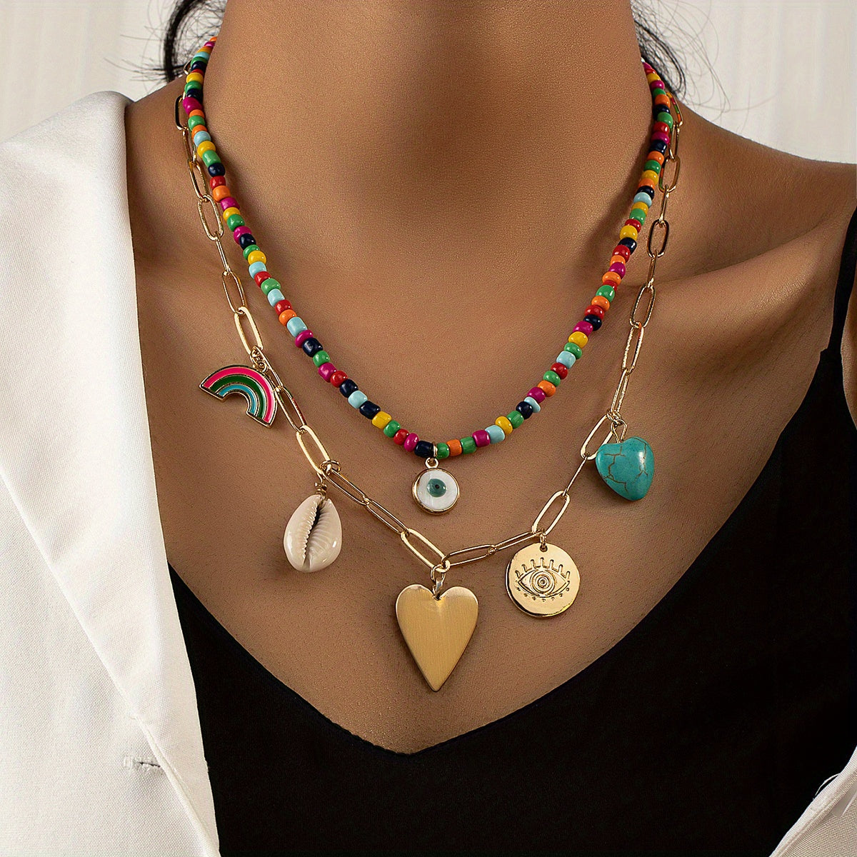 2 pieces vintage bohemian stone, shell, rainbow bead necklace