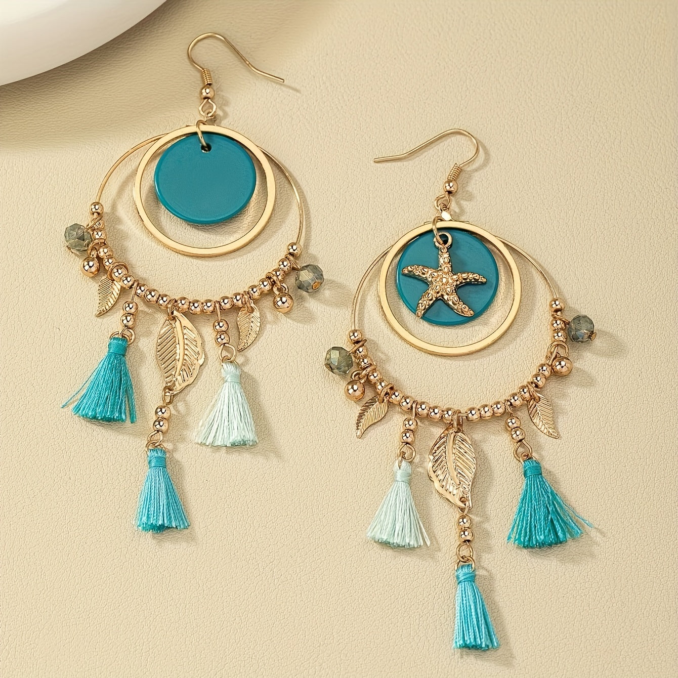 Hollow Round Design Metal Leaf Fringe Pendant Starfish Shell Decorative Hanging Earrings Bohemian Vacation Style Exquisite Women's Gift