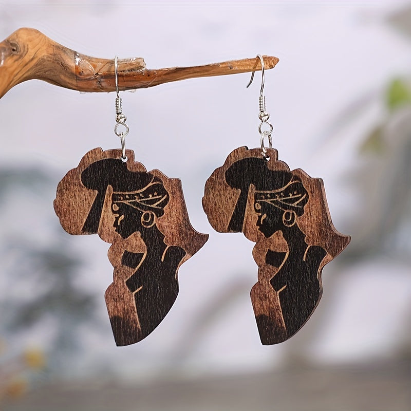 Africa map creative design, with black beautiful pattern, pendant earrings, retro ethnic style wooden jewelry, fashionable women's gifts