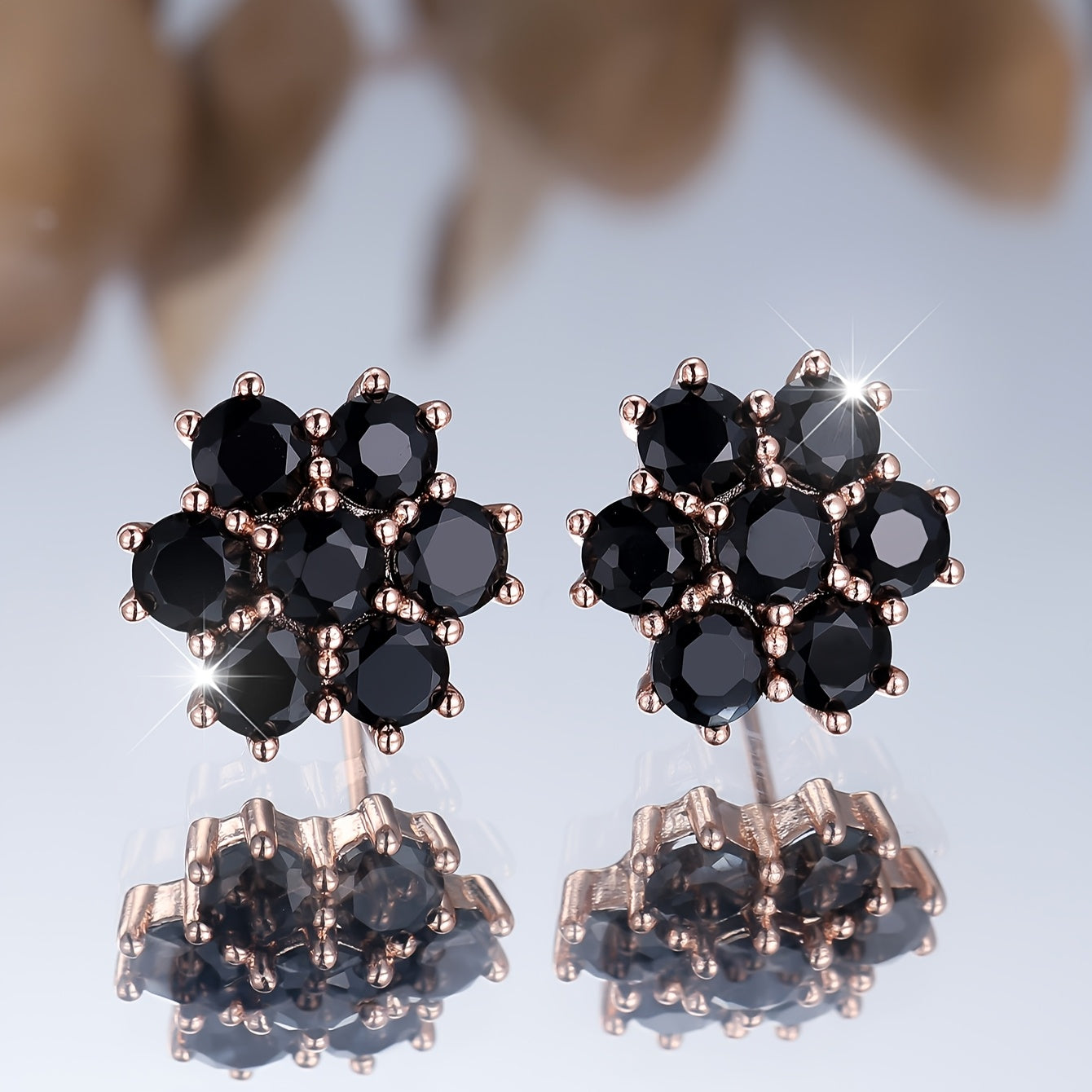 Elegant bohemian black flower-shaped synthetic square crystal diamond stud earrings, copper, women's style with rose gold plating, suitable for weddings, banquets, Valentine's Day - year round jewelry