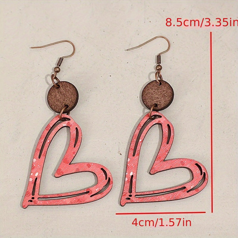 Hollow Red Heart Design Pendant Earrings Vintage Bohemian Style Wooden Jewelry Valentine's Day Gift for Lover