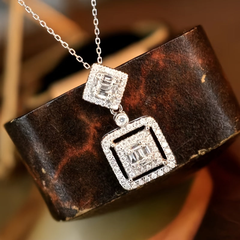 Elegant square pendant necklace set with shiny cubic Zirconia - perfect for weddings, engagements and special occasions