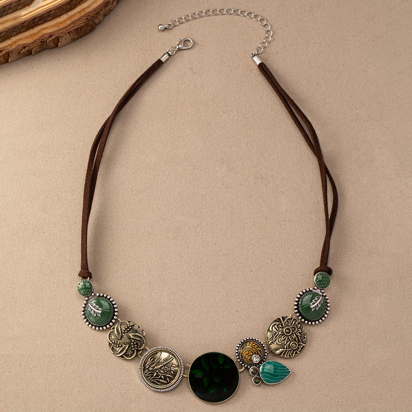 Bohemian retro style luxury floral texture women pendant oil bead necklace, alloy material, suitable for daily wear and vacation