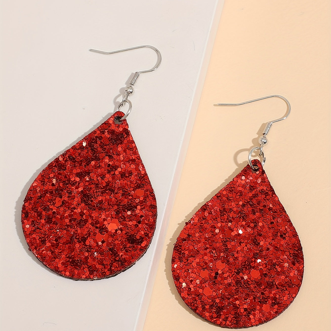 Christmas red water drop sequined PU leather earrings