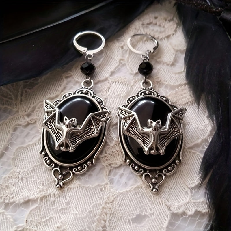 Vintage Gothic Bat Pendant Earrings, Halloween Party Ornaments, Black Resin Pendant Silver Plated, Women's Fashion Accessories