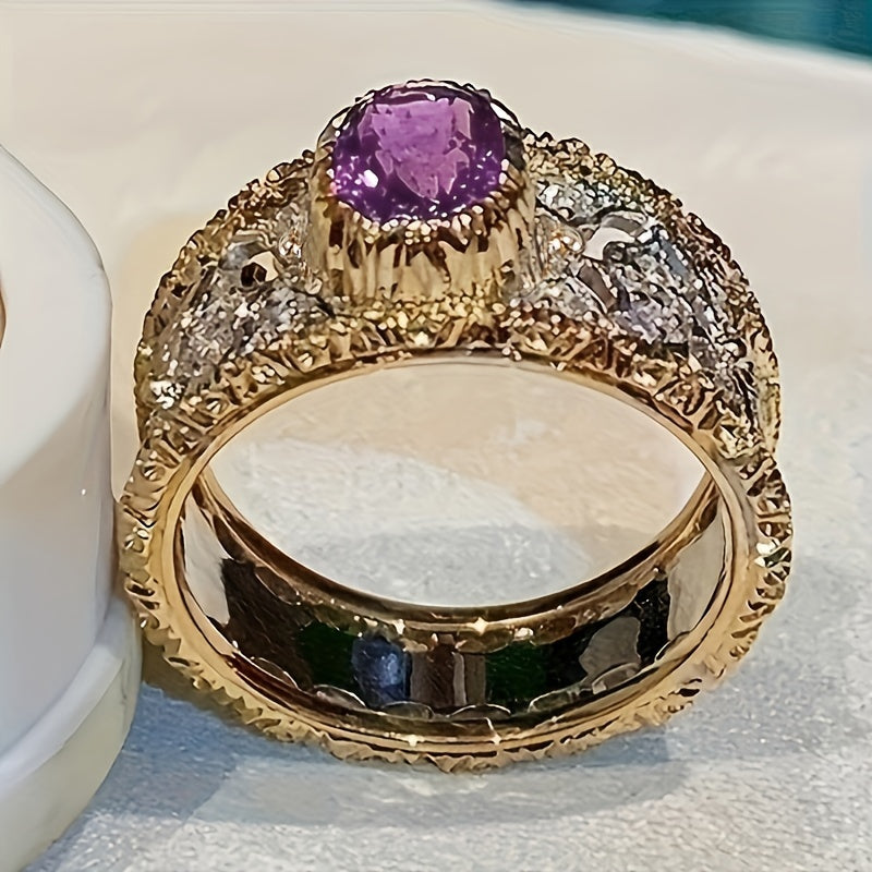 Vintage fine Zirconia wide ring set with purple synthetic gemstones, ladies' elegant jewelry, engagement wedding jewelry, anniversary gift