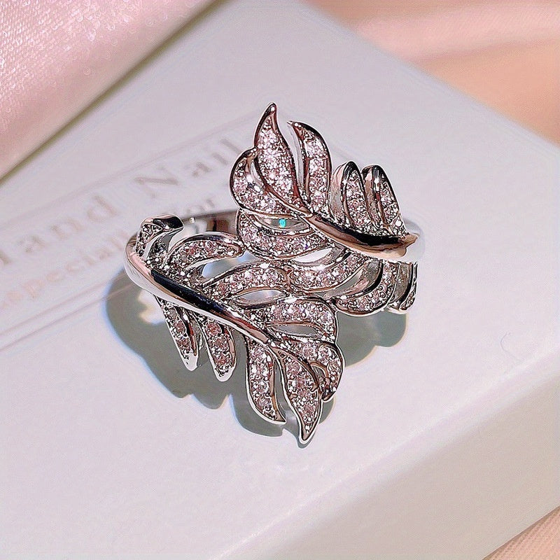 Fashion 925 silver plated zircon leaf ring, women's daily casual accessories