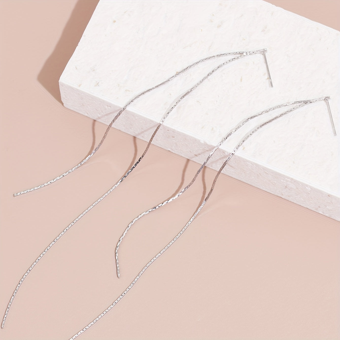 Sparkling long chain pendant earrings, elegant and minimalist copper jewelry, stylish holiday earrings