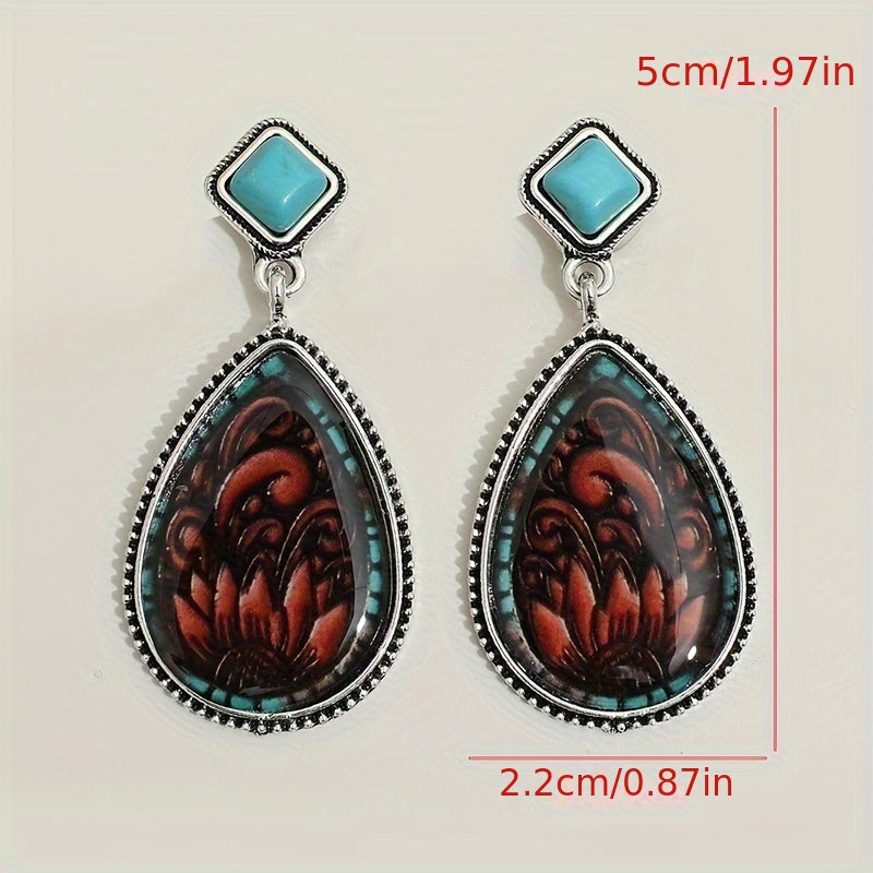 Antique drop-shaped sunflower-inlaid earrings, vintage bohemian fashion holiday earrings