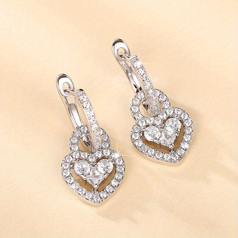 Exquisite paved zircon heart-shaped water drop earrings, daily accessories for women's parties
